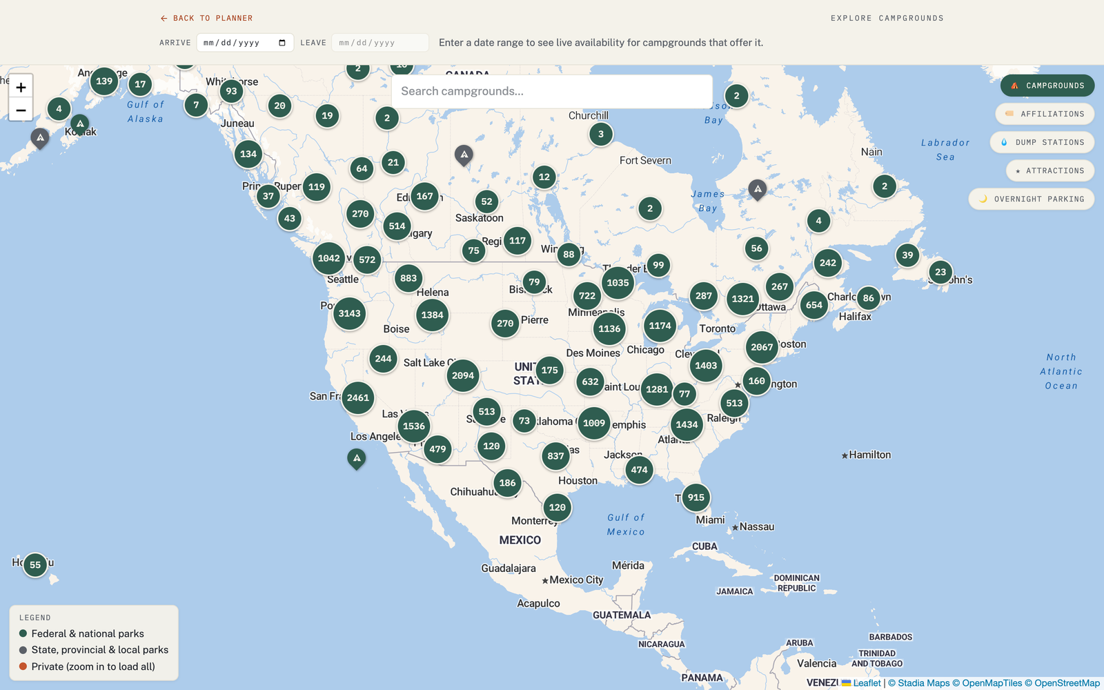 The VistaBound Explore map of 33,000+ campgrounds across the US and Canada.