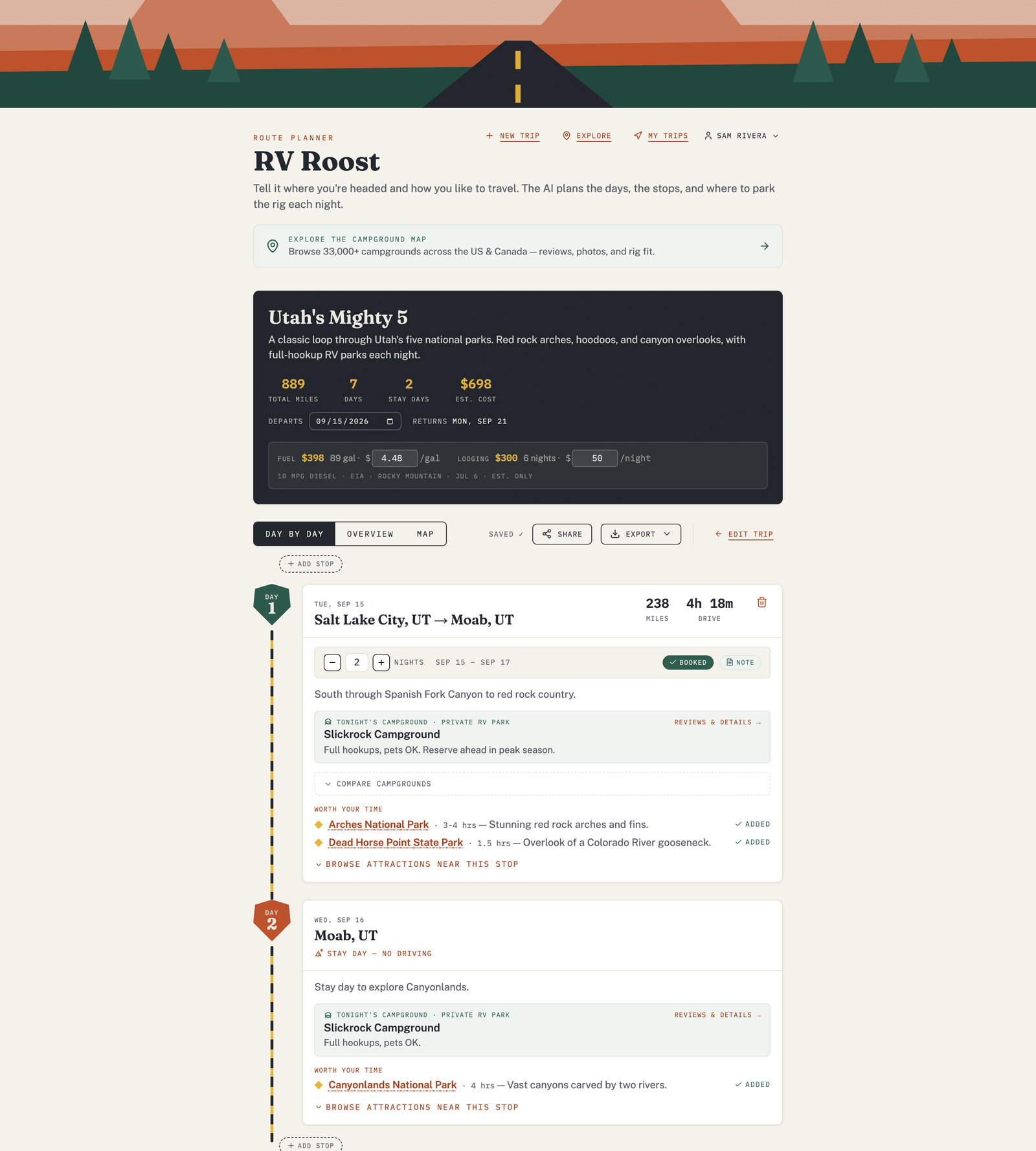 A finished VistaBound itinerary — a day-by-day plan with drive distances, overnight campgrounds, and stops along the way.
