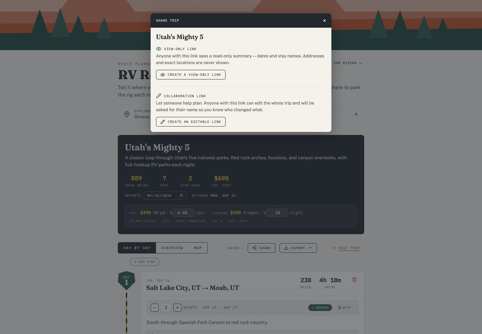 The Share trip dialog in VistaBound, offering a view-only link and a collaboration link.